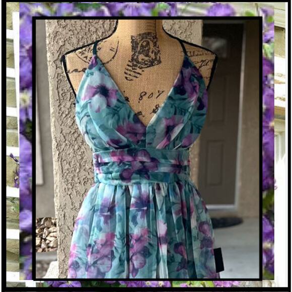 Lulus Romance That Wows Dark Teal Floral Print Organza Maxi Dress Size S - Picture 2 of 13